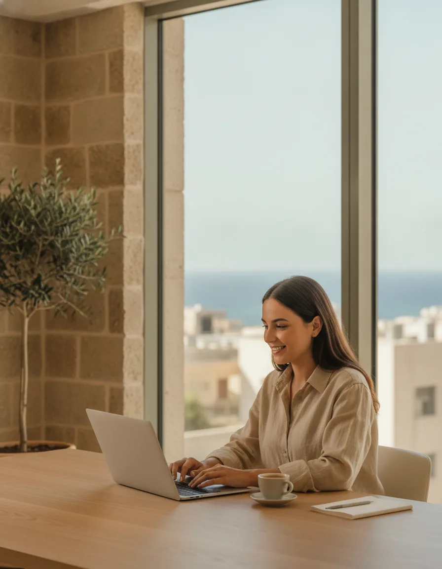 A professional on a video call in a bright Beirut office