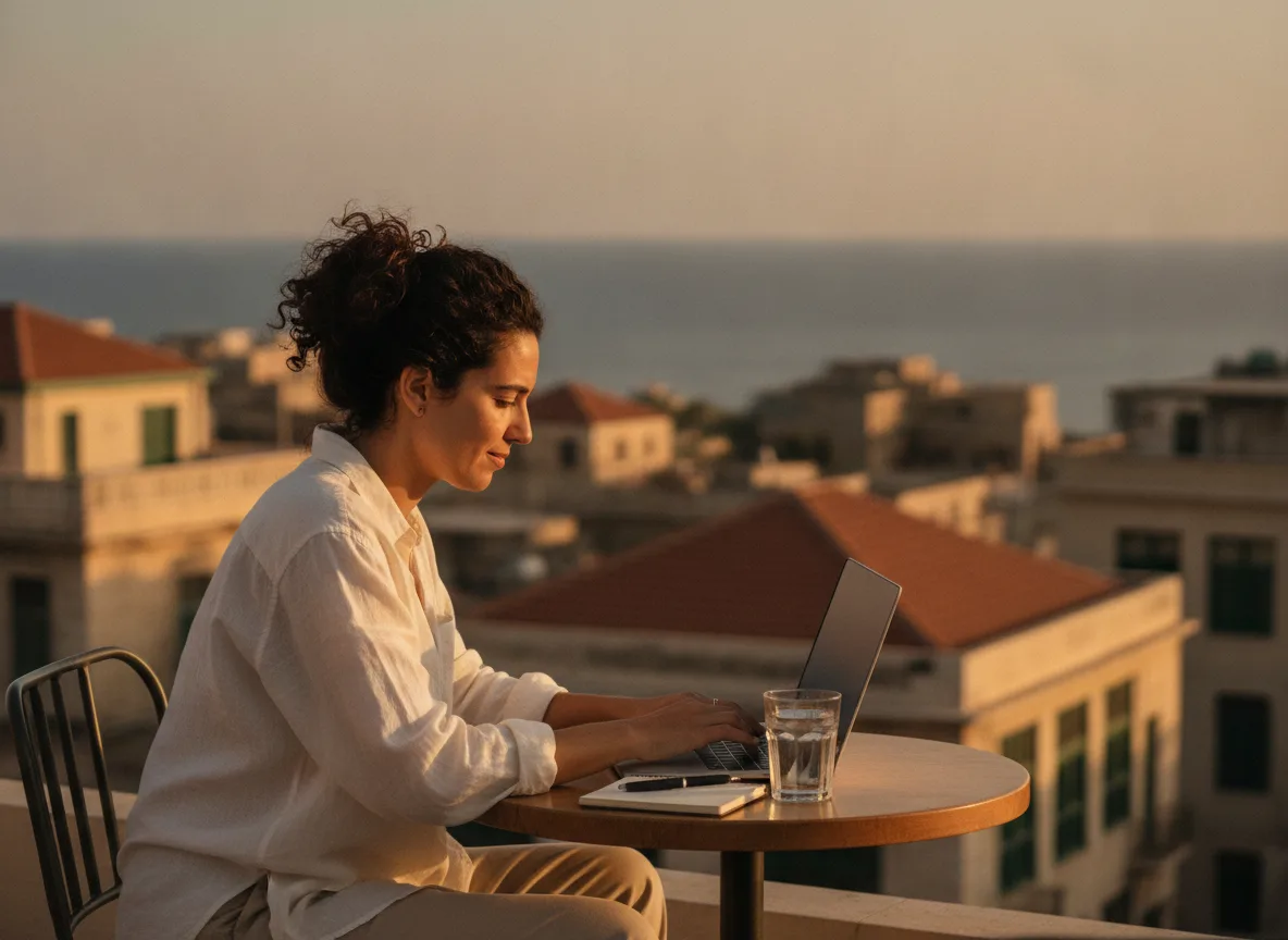 A freelance designer working at a rooftop cafe in Beirut