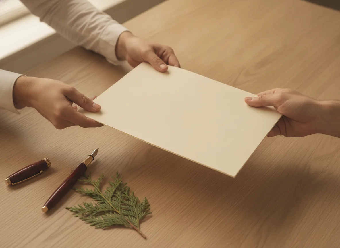Two hands exchanging a paper folder across a desk