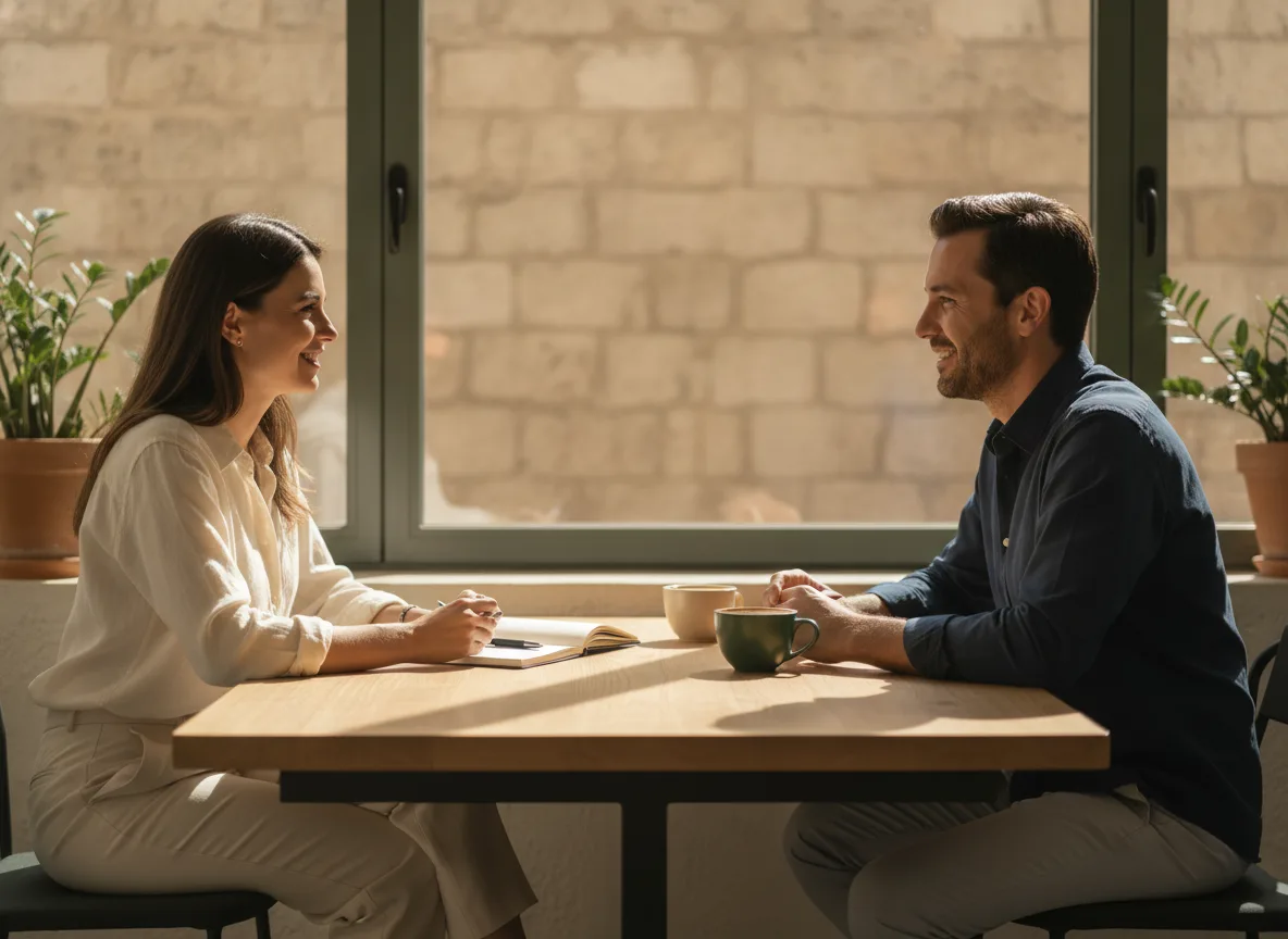 A relaxed job interview at a bright table by a window