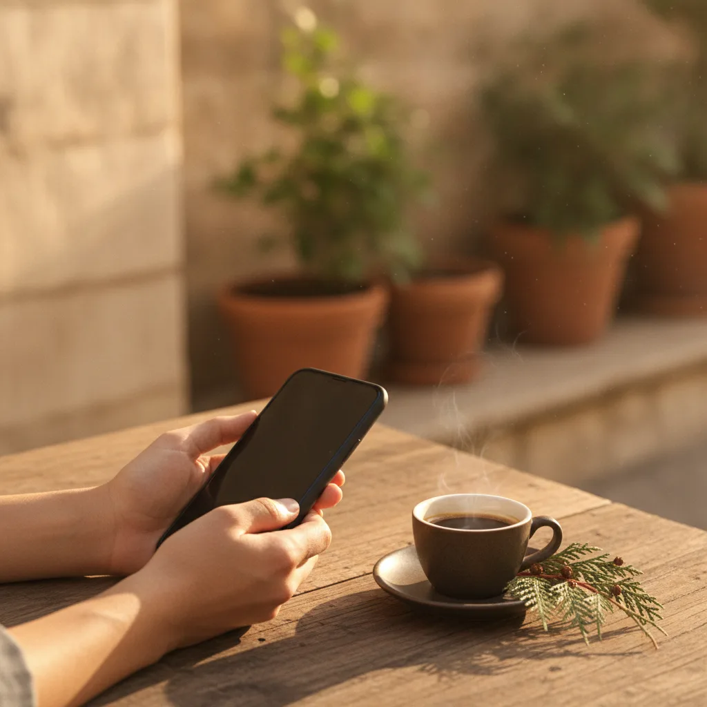 Hands holding a phone at a cafe table